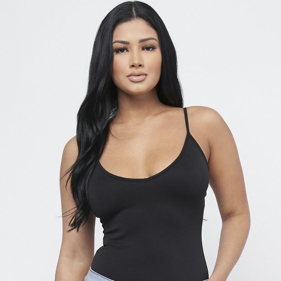 NEW SOLID BLACK SPAGHETTI STRAP BODYSUIT - Picture 1 of 3